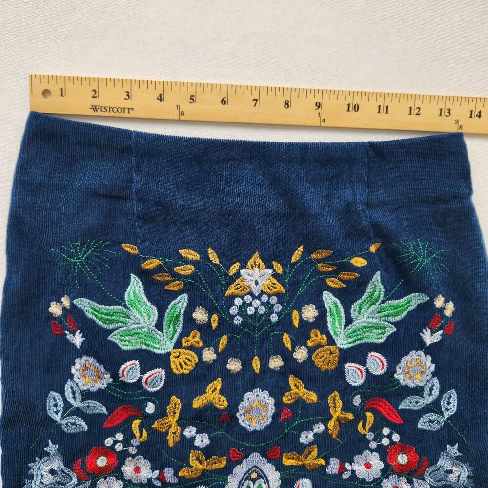 Blue Corduroy Floral Embroidered Skirt Lightweight Boho Prairie Cottagecore Cute - Picture 8 of 9
